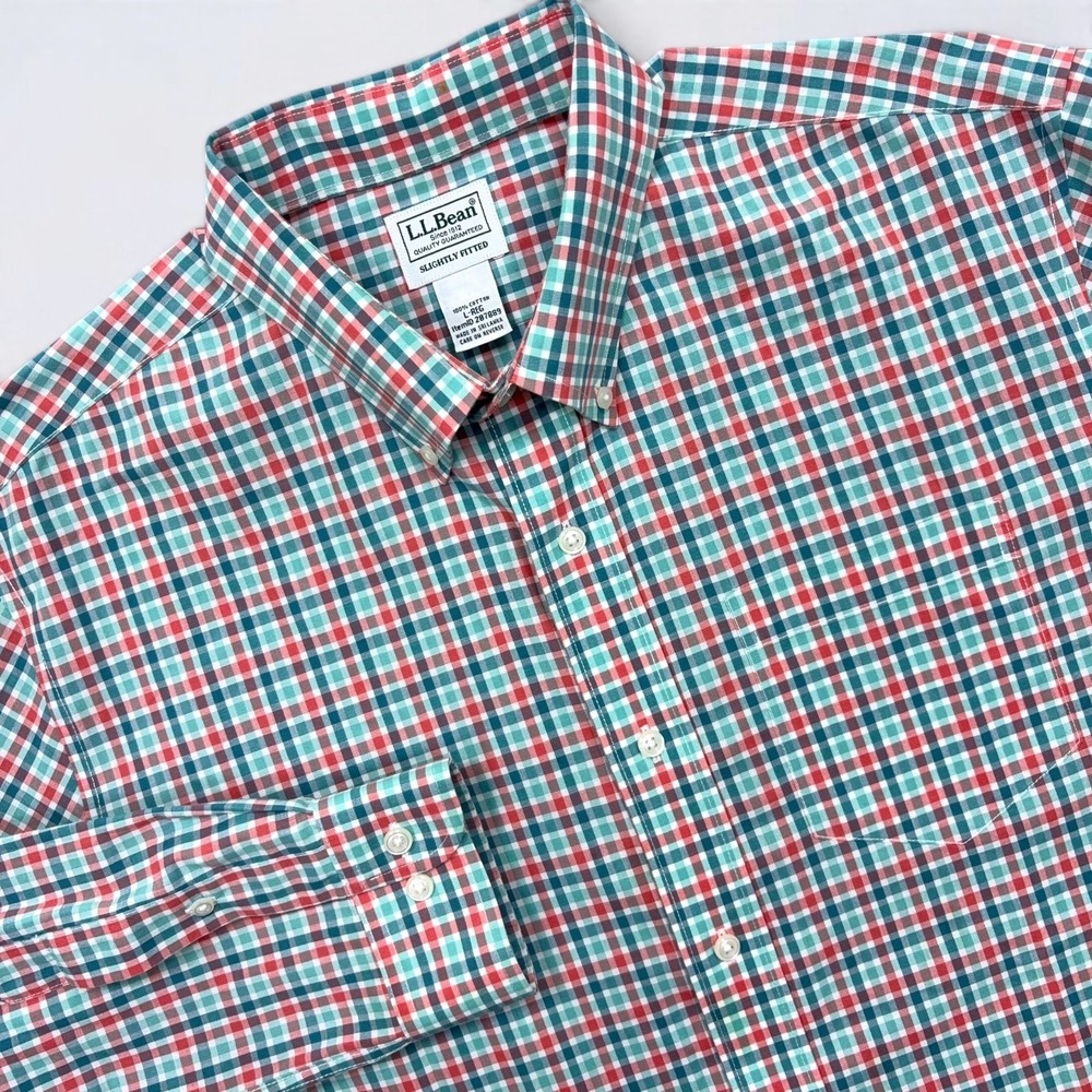 LL Bean Kennebunk Sport Shirt Men's Large Green Red Button Down Long Sleeve